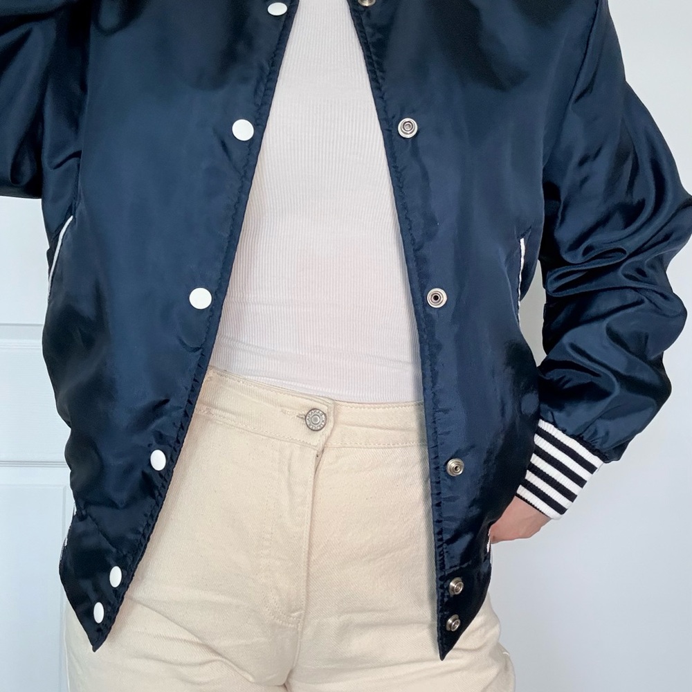 Navy Snap-Front Satin Jacket with Striped Trim - Picture 2 of 6